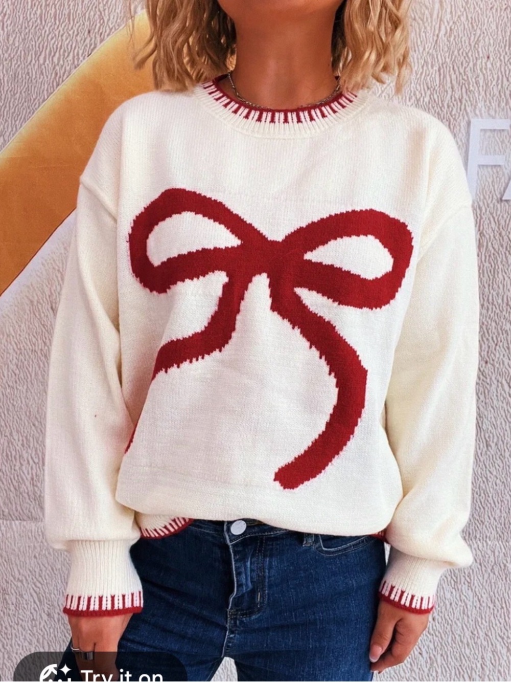 Women’s Cream Sweater with Red Bow Graphic